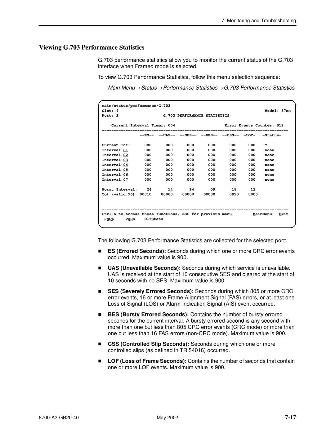 Paradyne U8777, 8779 manual Viewing G.703 Performance Statistics 