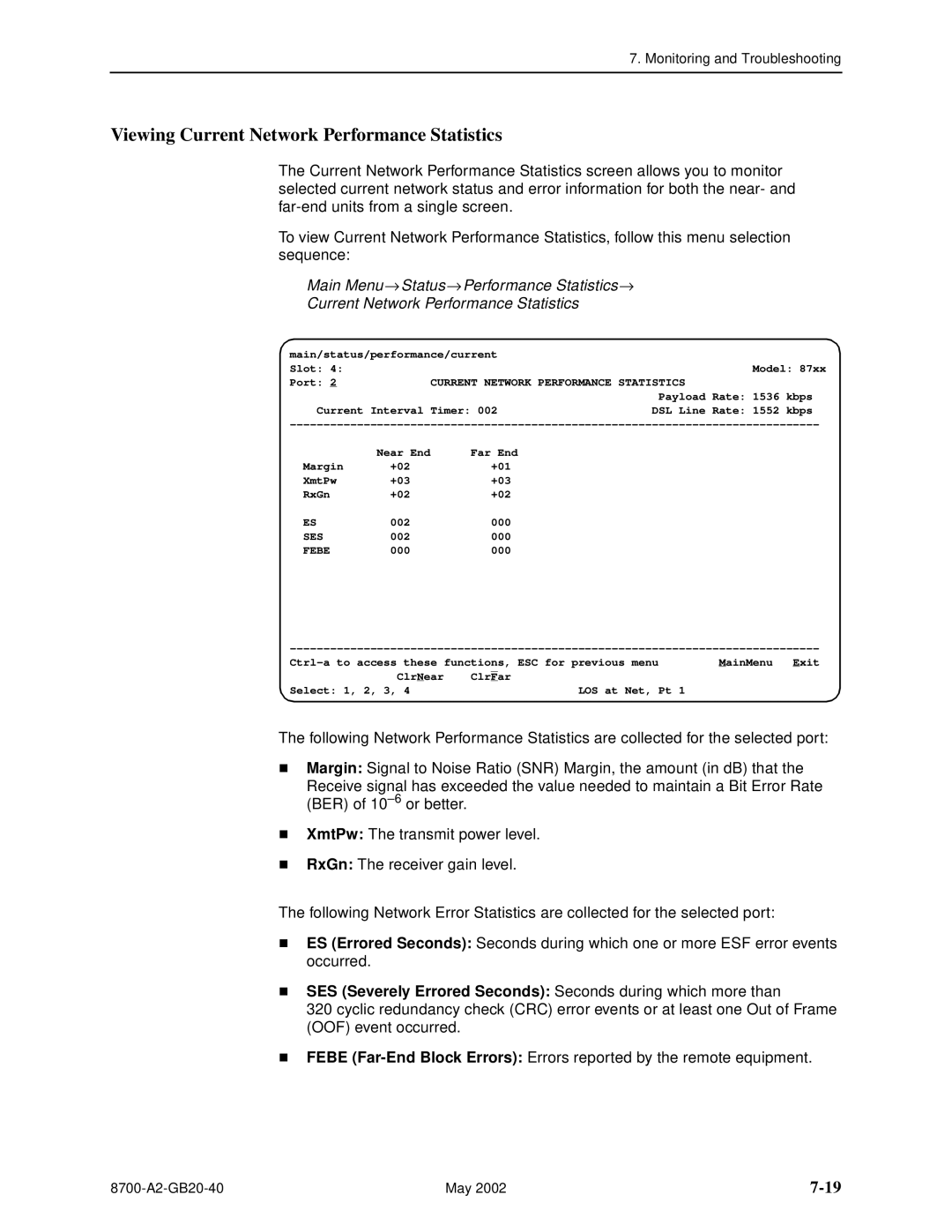 Paradyne U8777, 8779 manual Viewing Current Network Performance Statistics, Ses, Febe 