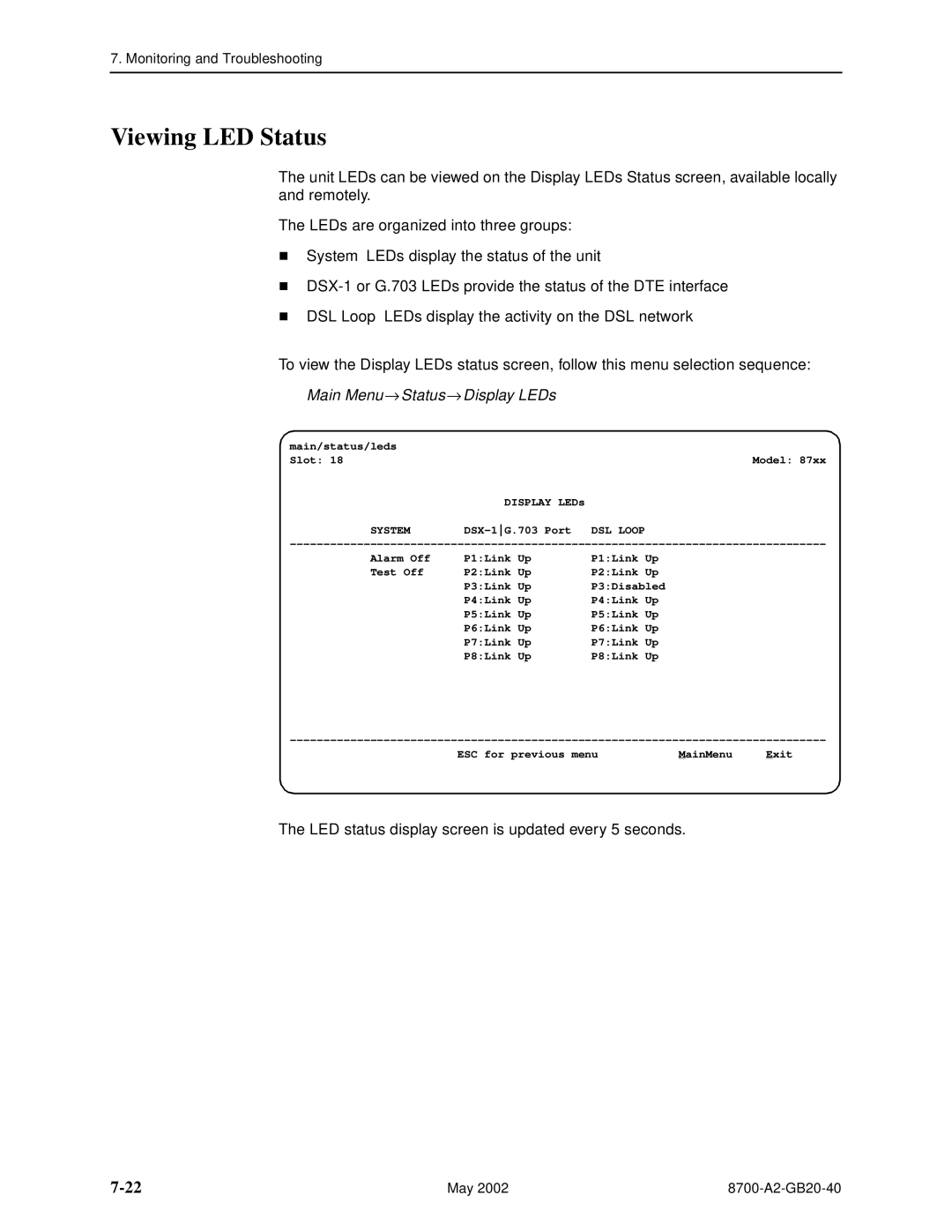 Paradyne 8779, U8777 manual Viewing LED Status, System 