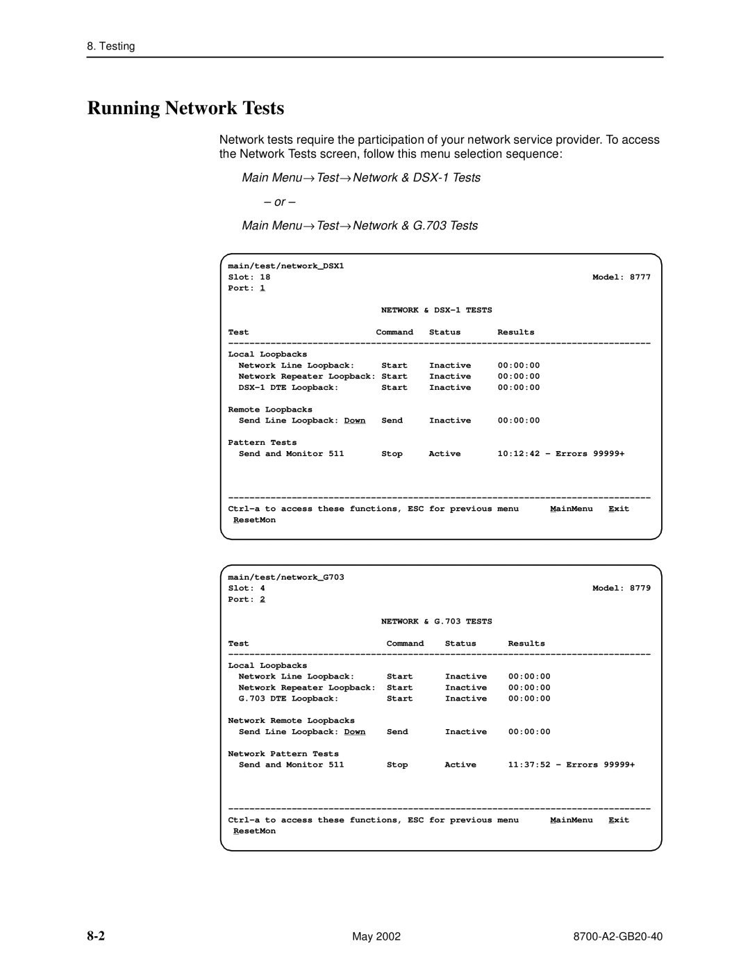 Paradyne 8779, U8777 manual Running Network Tests, Network & DSX-1 Tests, Network & G.703 Tests 