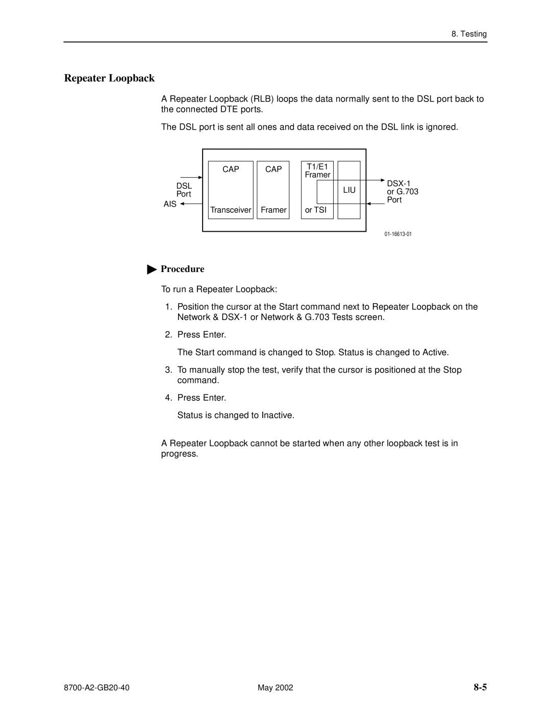 Paradyne U8777, 8779 manual Repeater Loopback 