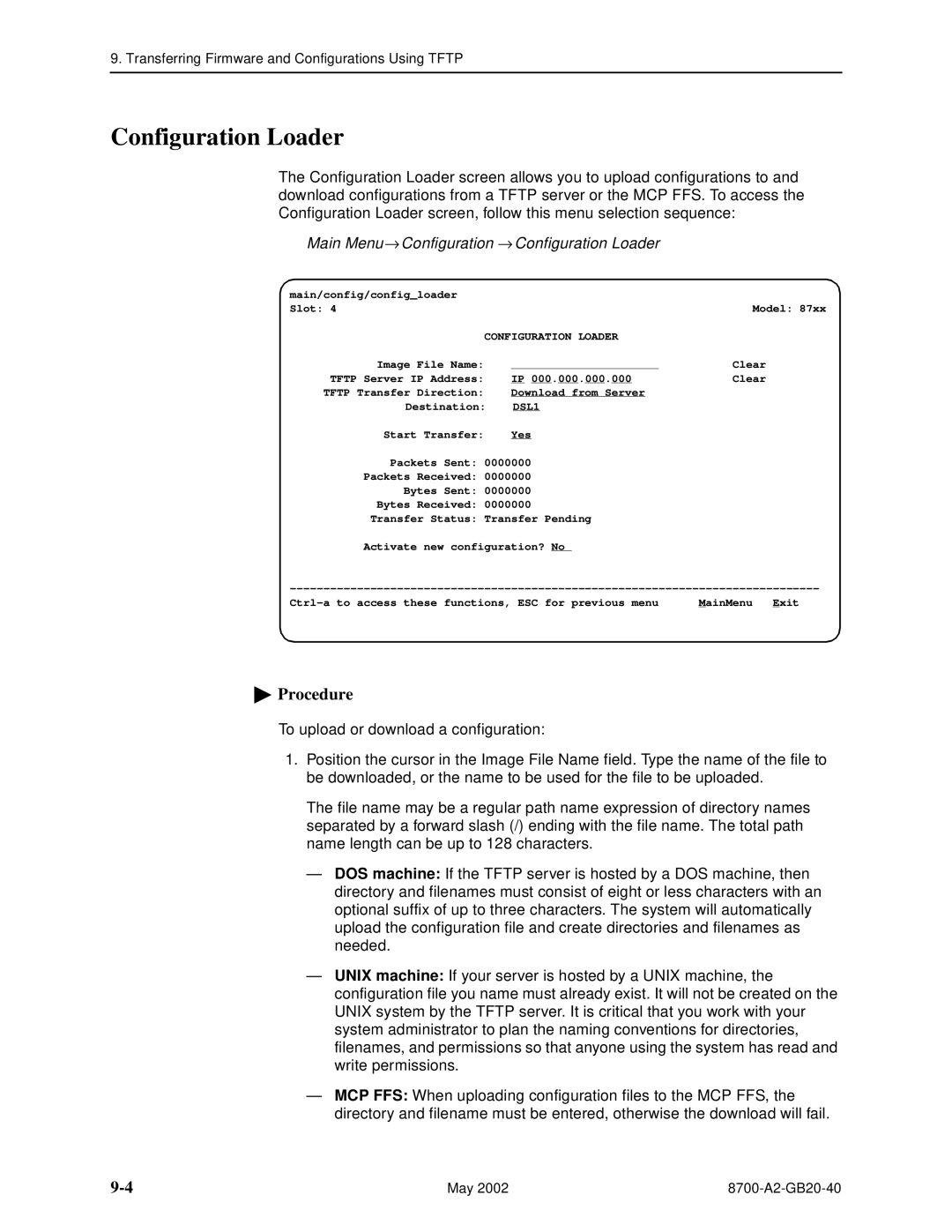 Paradyne 8779, U8777 manual Main Menu → Configuration → Configuration Loader 