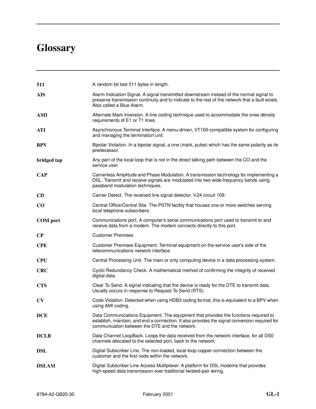 Paradyne 8784 manual Glossary, 511, Bridged tap, COM port 