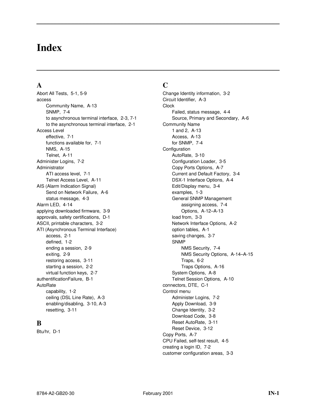 Paradyne 8784 manual Index, IN-1 