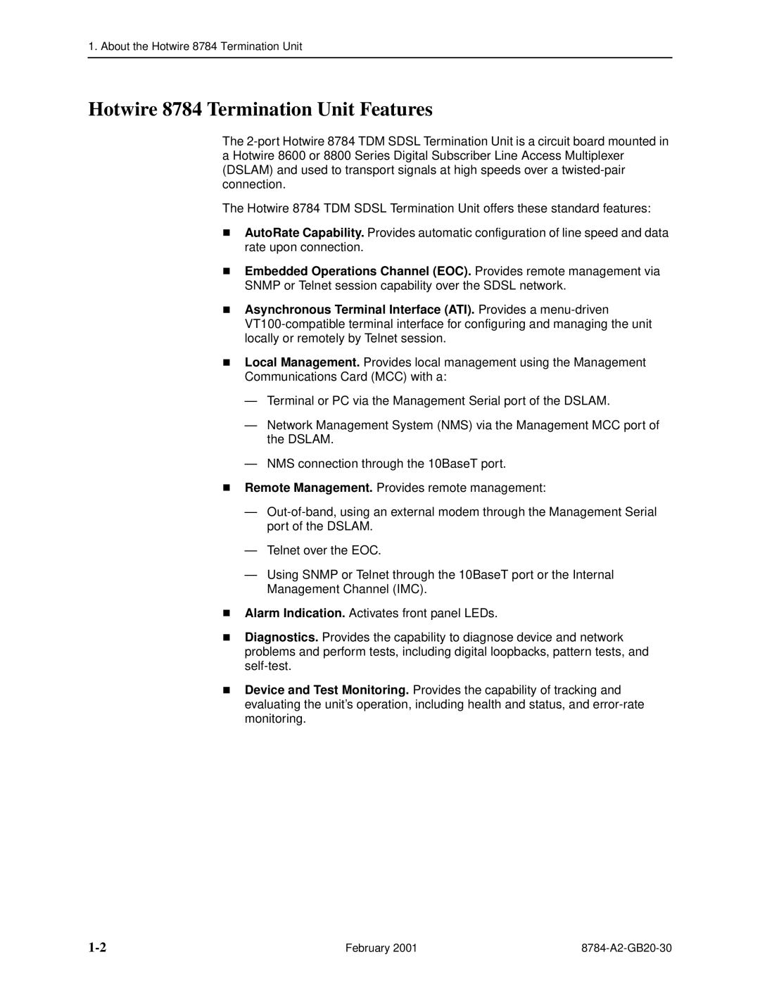 Paradyne manual Hotwire 8784 Termination Unit Features 