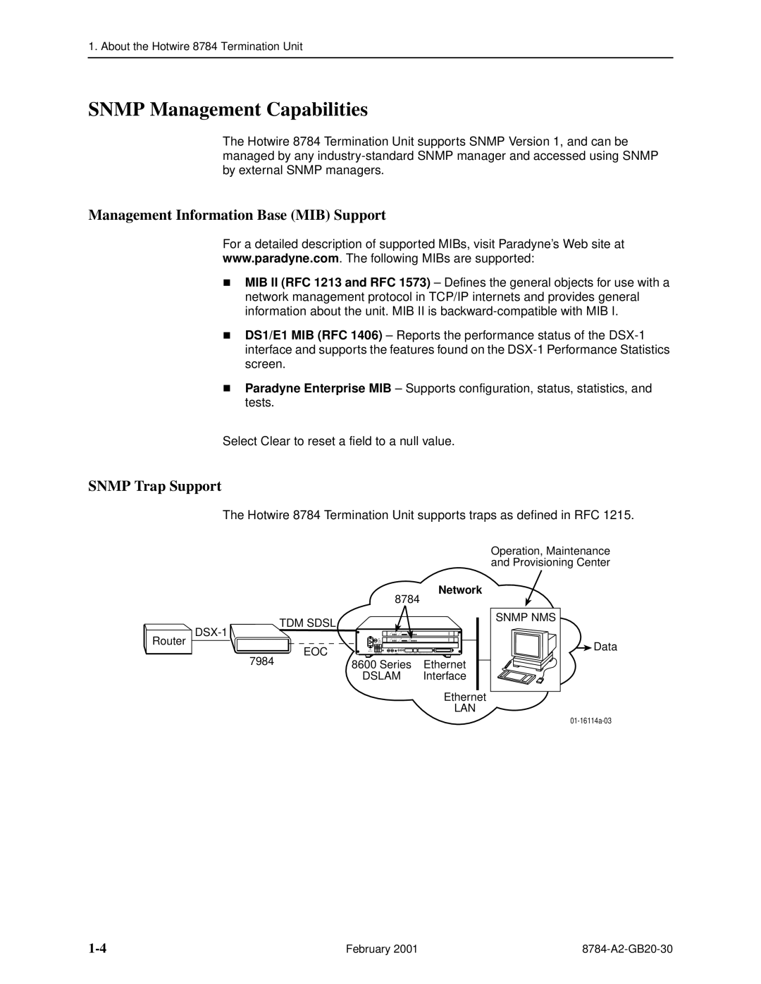 Paradyne 8784 manual Snmp Management Capabilities, Management Information Base MIB Support, Snmp Trap Support, Network 