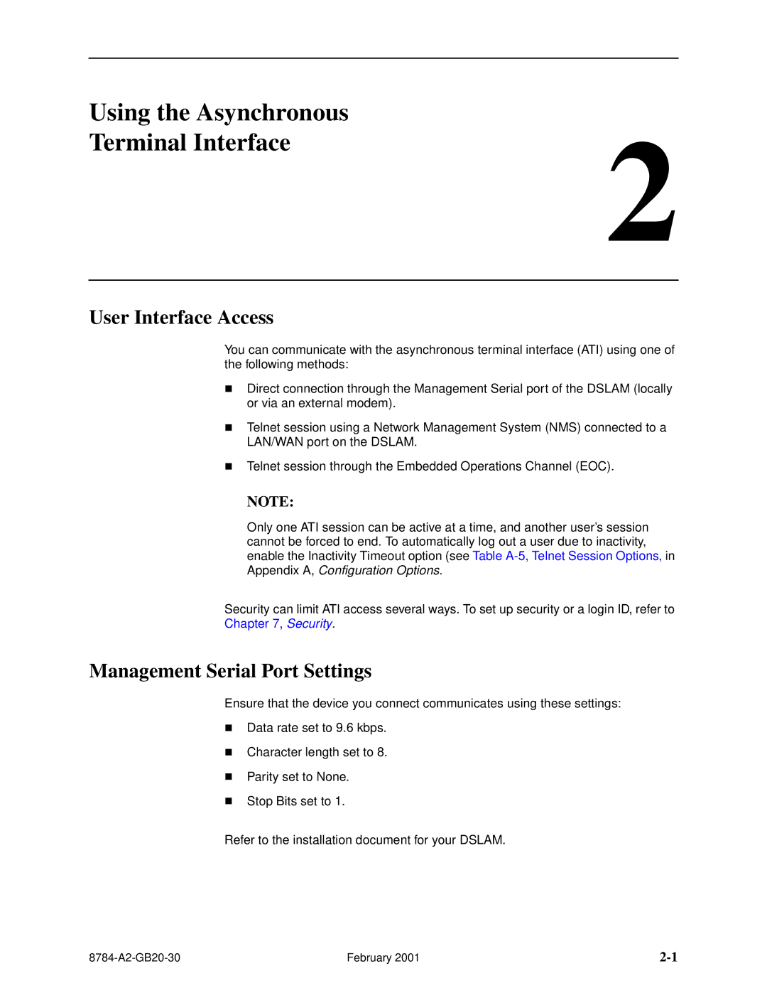 Paradyne 8784 manual Using the Asynchronous Terminal Interface, User Interface Access, Management Serial Port Settings 