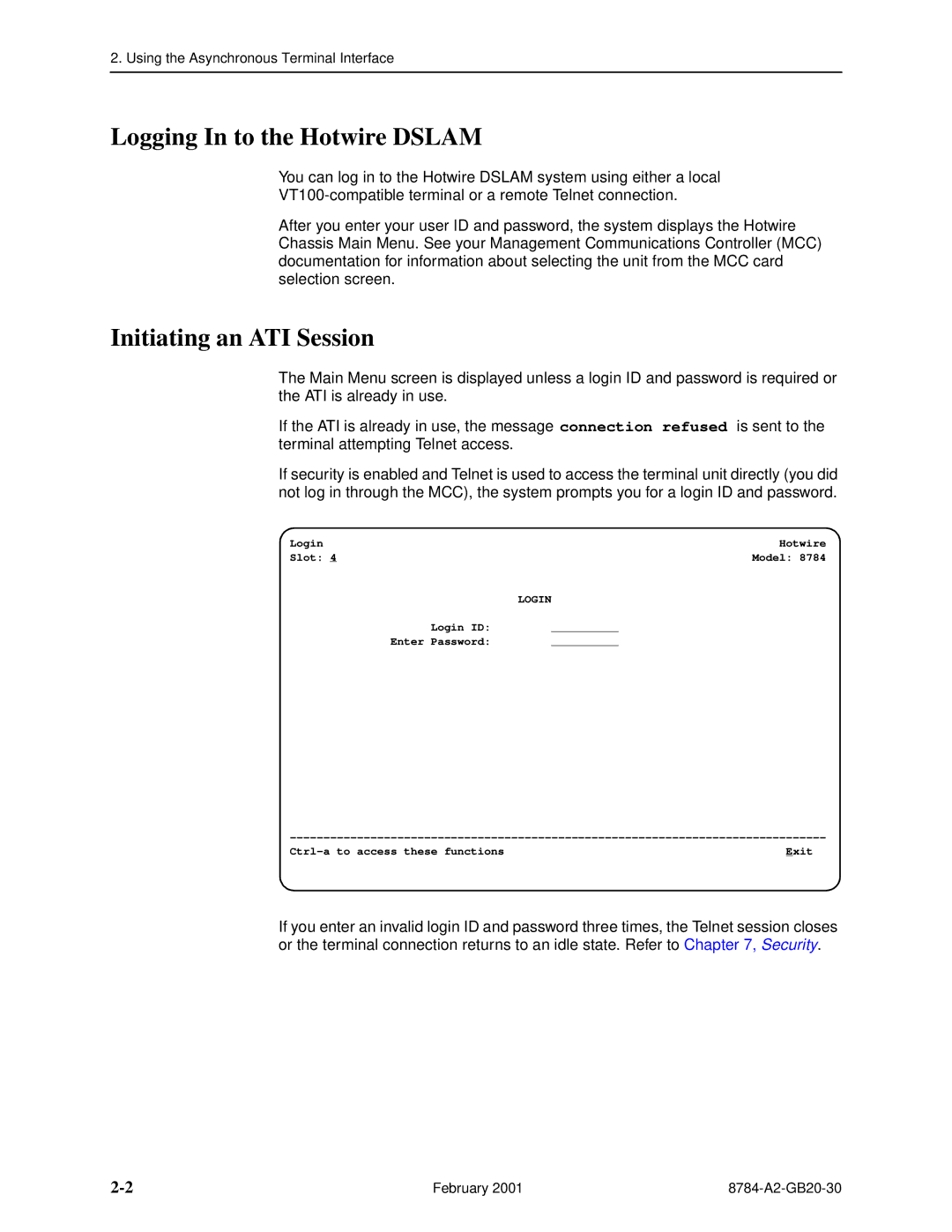 Paradyne 8784 manual Logging In to the Hotwire Dslam, Initiating an ATI Session, Login 