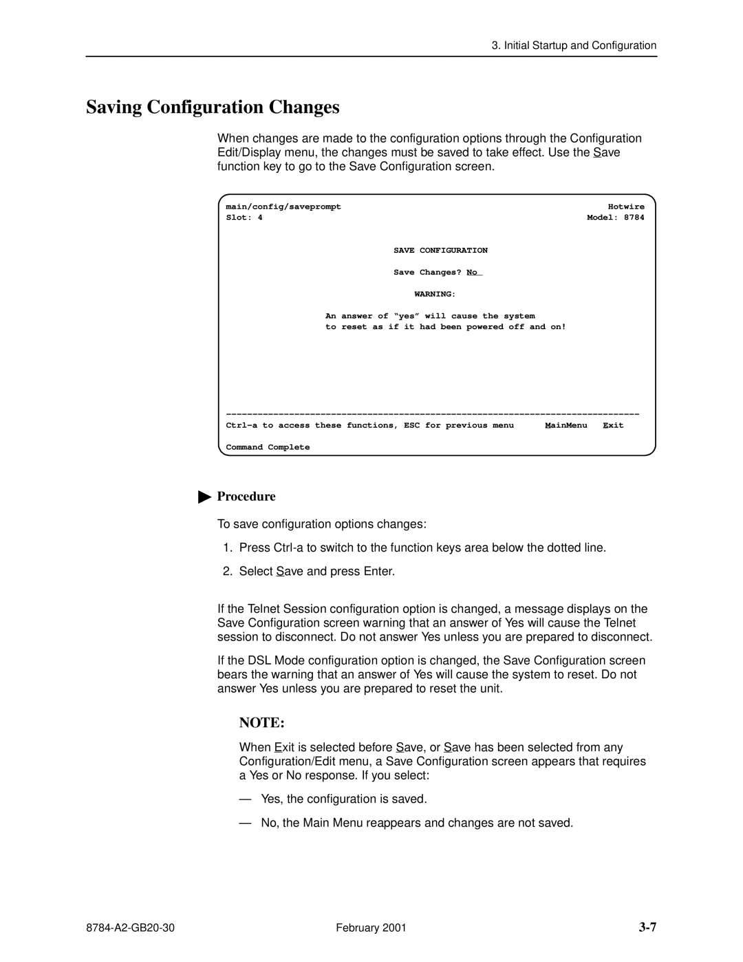 Paradyne 8784 manual Saving Configuration Changes, Save Configuration 