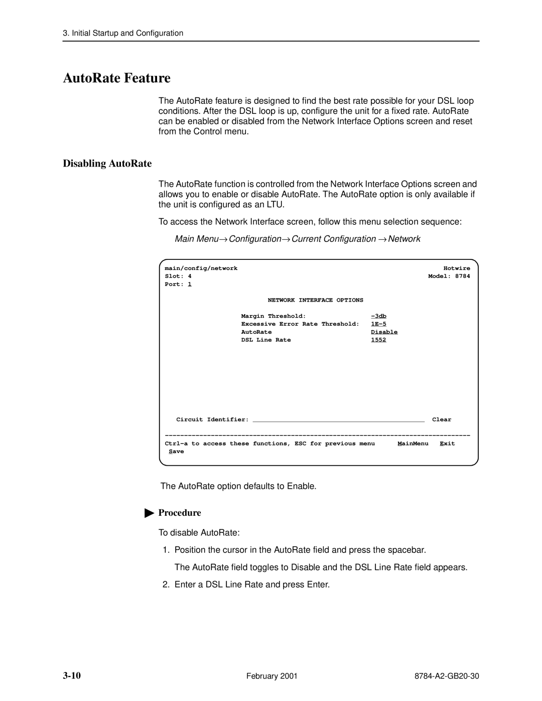 Paradyne 8784 manual AutoRate Feature, Disabling AutoRate, Main Menu→ Configuration→ Current Configuration → Network 