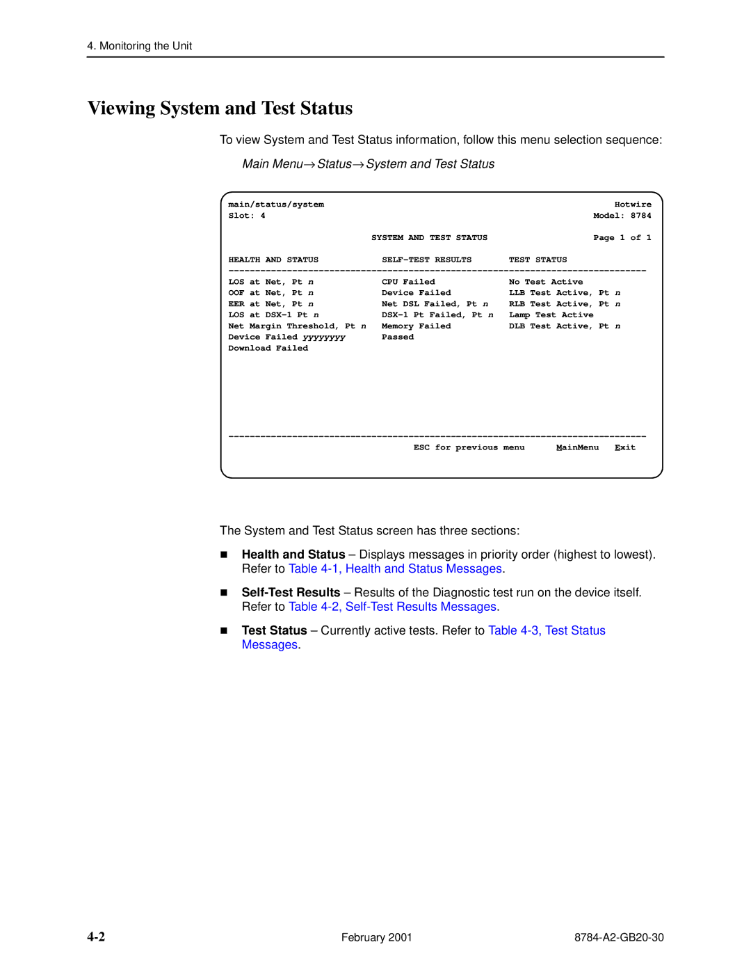 Paradyne 8784 manual Viewing System and Test Status, Main Menu→ Status→ System and Test Status 