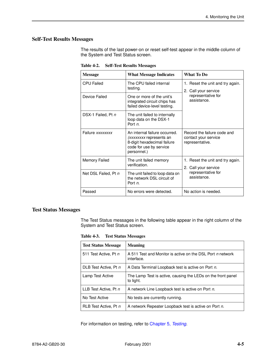 Paradyne 8784 manual Self-Test Results Messages, Test Status Messages Meaning 