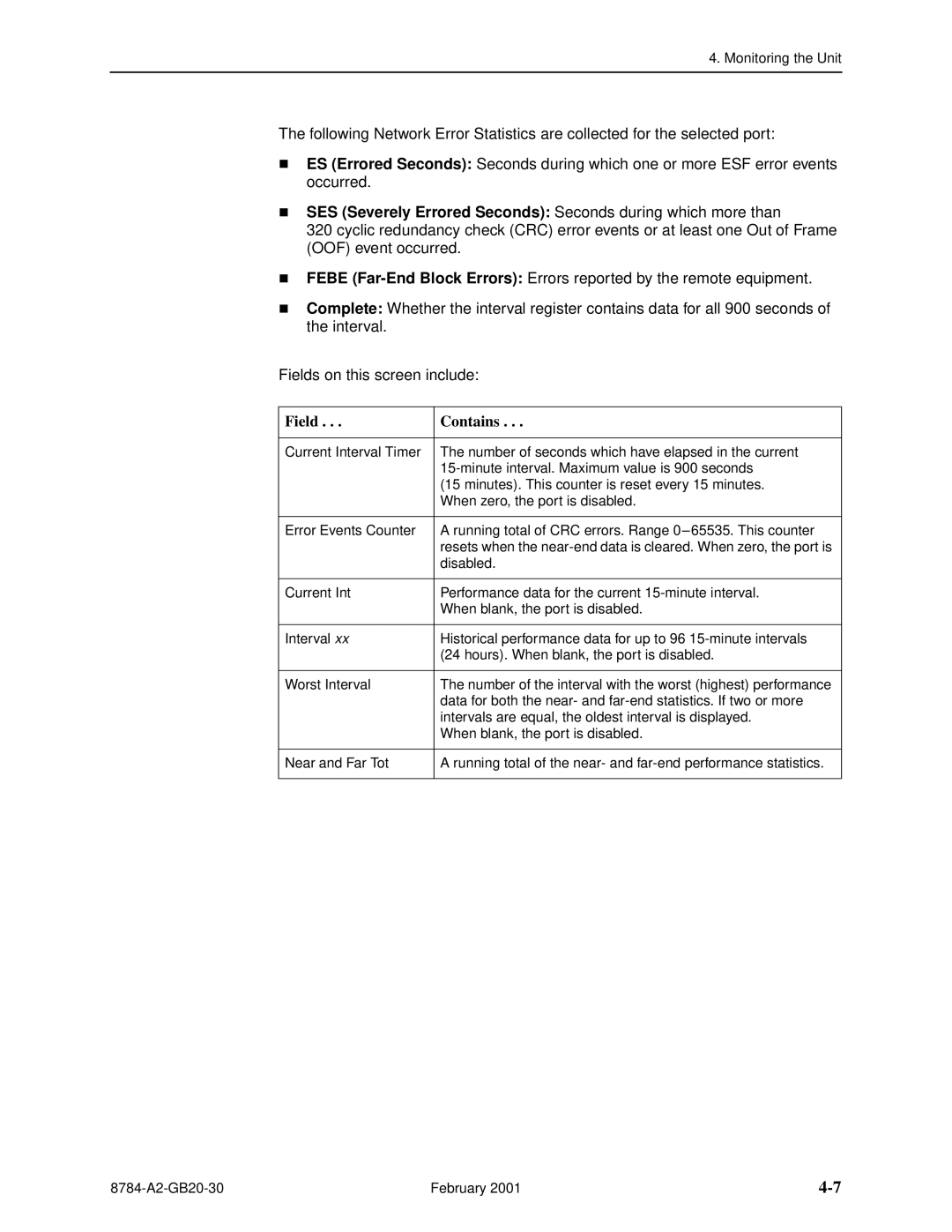 Paradyne 8784 manual SES Severely Errored Seconds Seconds during which more than, Field Contains 