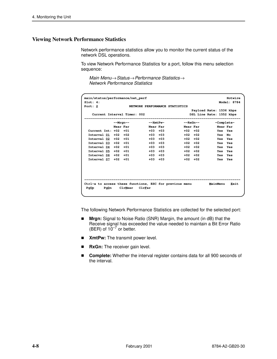 Paradyne 8784 manual Viewing Network Performance Statistics 