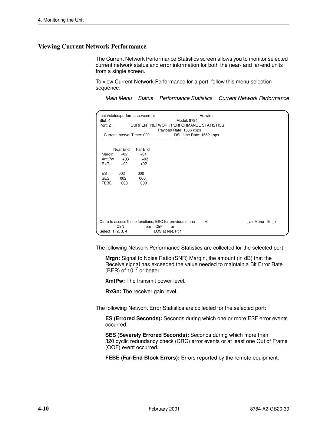 Paradyne 8784 manual Viewing Current Network Performance, Current Network Performance Statistics, Ses, Febe 