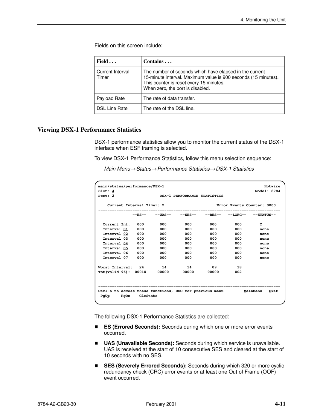 Paradyne 8784 manual Viewing DSX-1 Performance Statistics, Main Menu→ Status→ Performance Statistics→ DSX-1 Statistics 