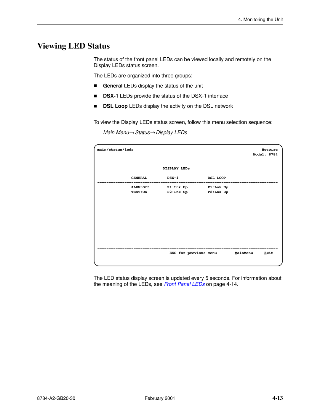 Paradyne 8784 manual Viewing LED Status, Display, General, DSL Loop 