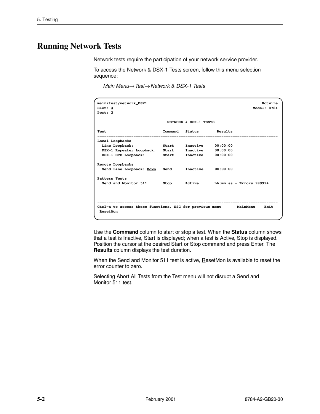 Paradyne 8784 manual Running Network Tests, Main Menu→ Test→ Network & DSX-1 Tests 