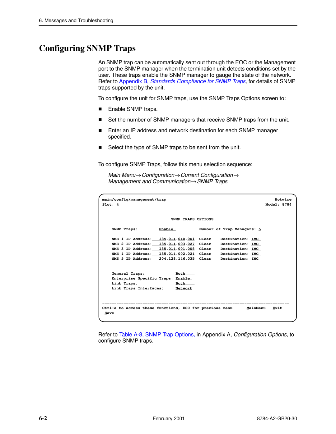 Paradyne 8784 manual Configuring Snmp Traps, Snmp Traps Options, Nms 