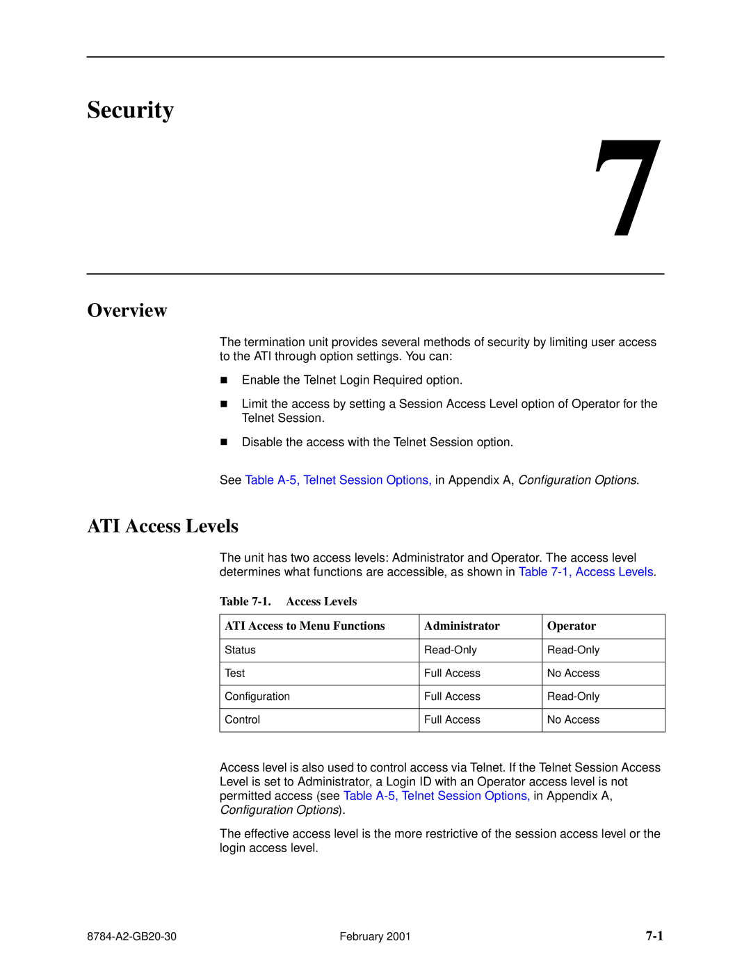 Paradyne 8784 manual Security, ATI Access Levels 