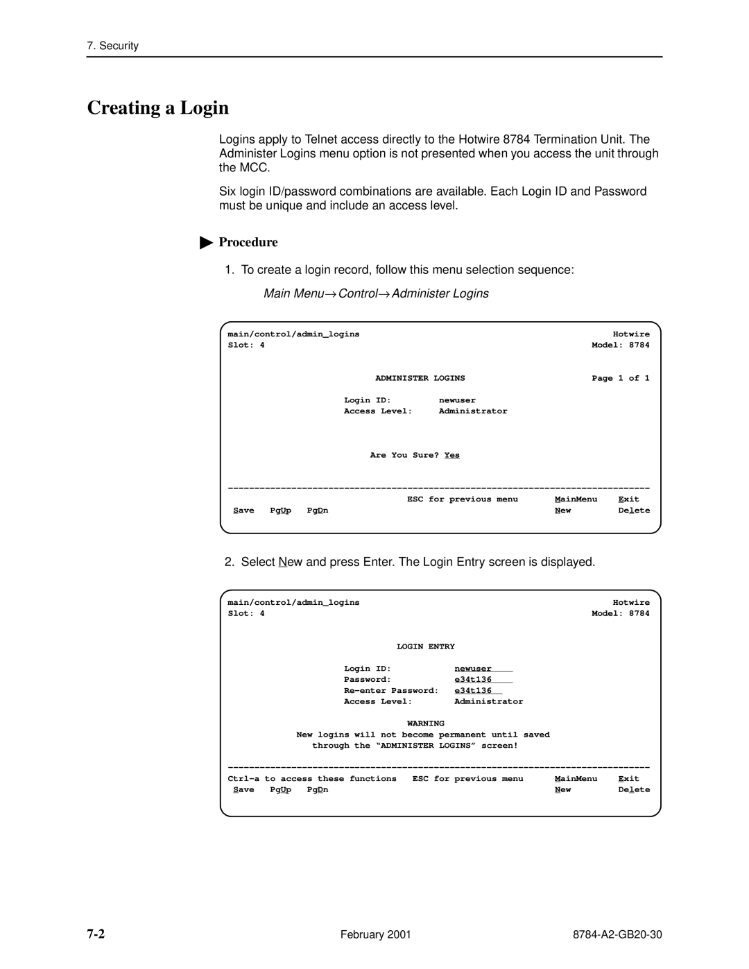 Paradyne 8784 manual Creating a Login, Administer Logins 