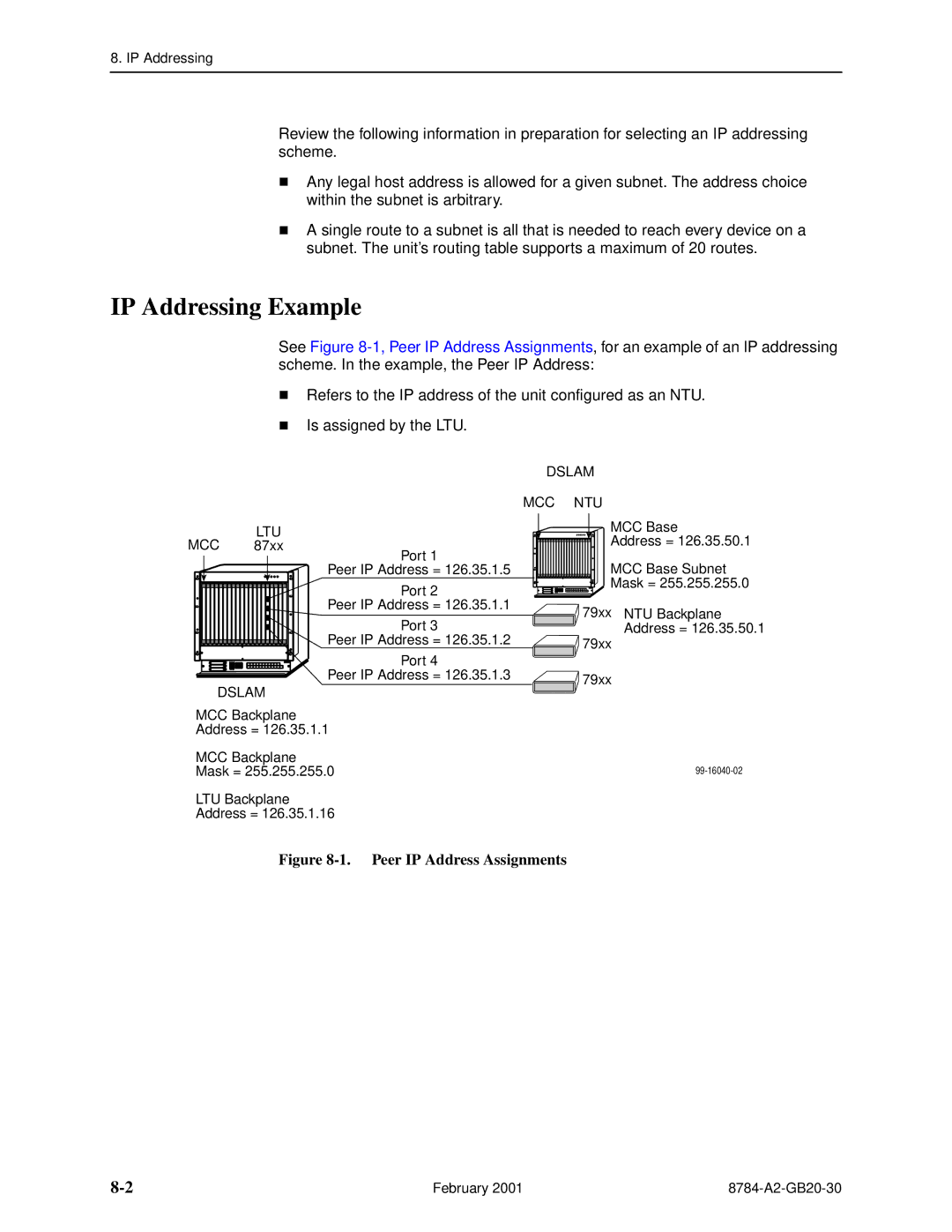 Paradyne 8784 manual IP Addressing Example, Peer IP Address Assignments 