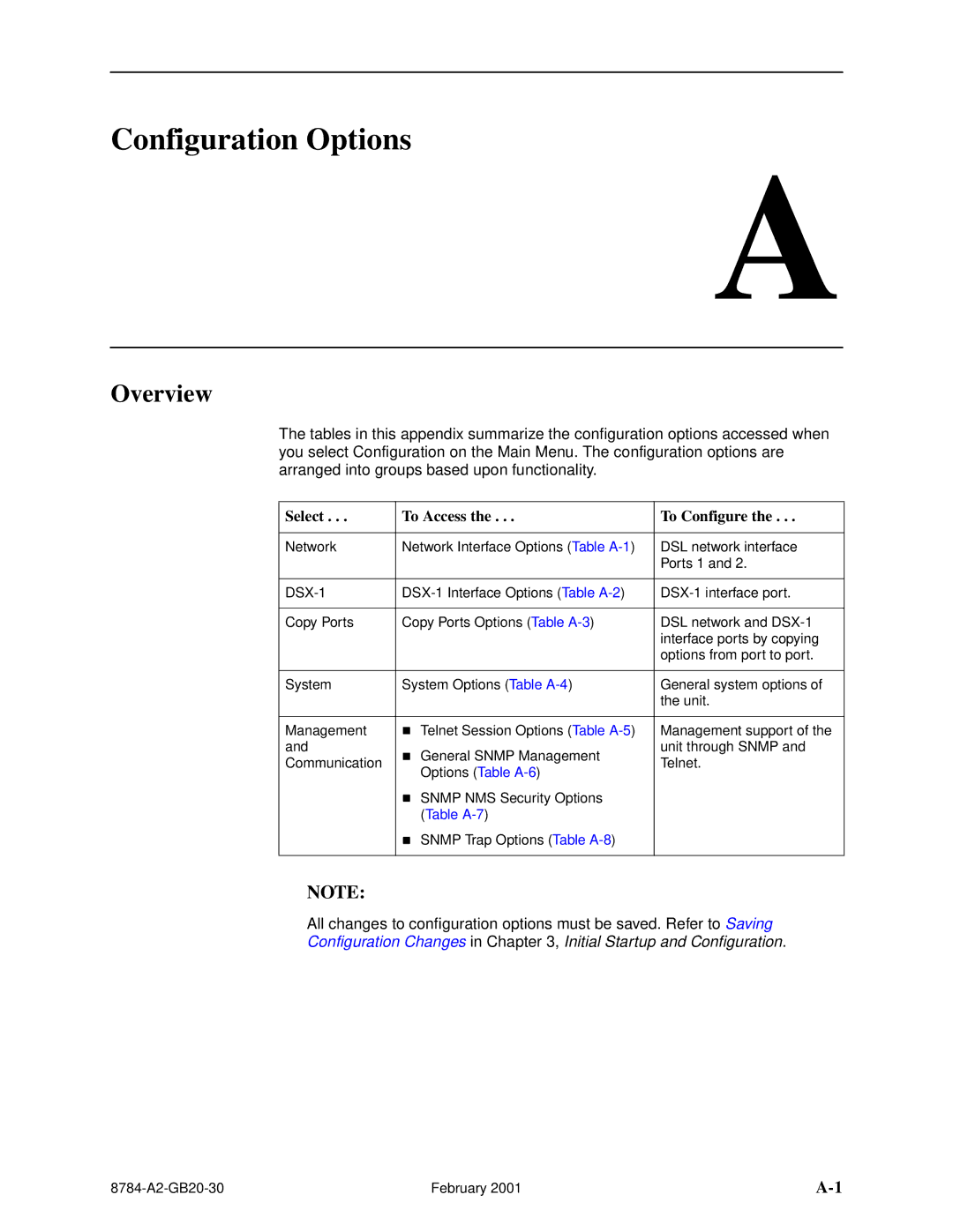 Paradyne 8784 manual Configuration Options, Configuration Changes in , Initial Startup and Configuration 