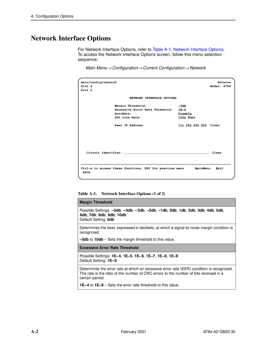 Paradyne 8784 manual Network Interface Options, Main Menu→ Configuration→ Current Configuration→ Network, Margin Threshold 