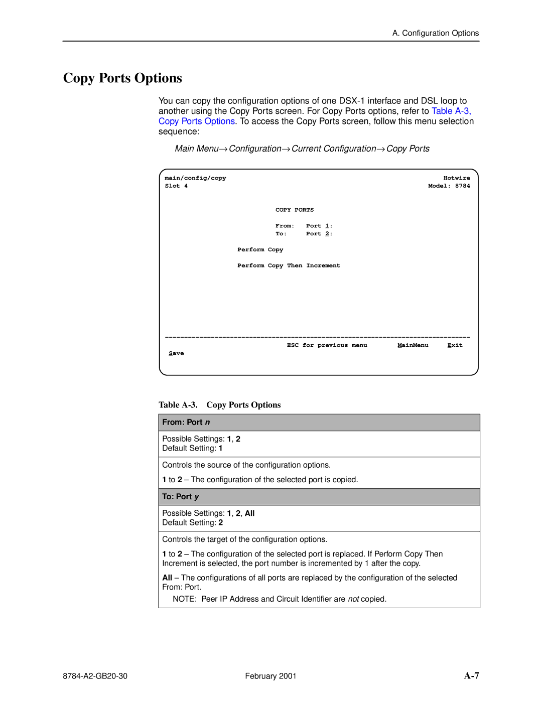 Paradyne 8784 Copy Ports Options, Main Menu→ Configuration→ Current Configuration→ Copy Ports, From Port n, To Port y 