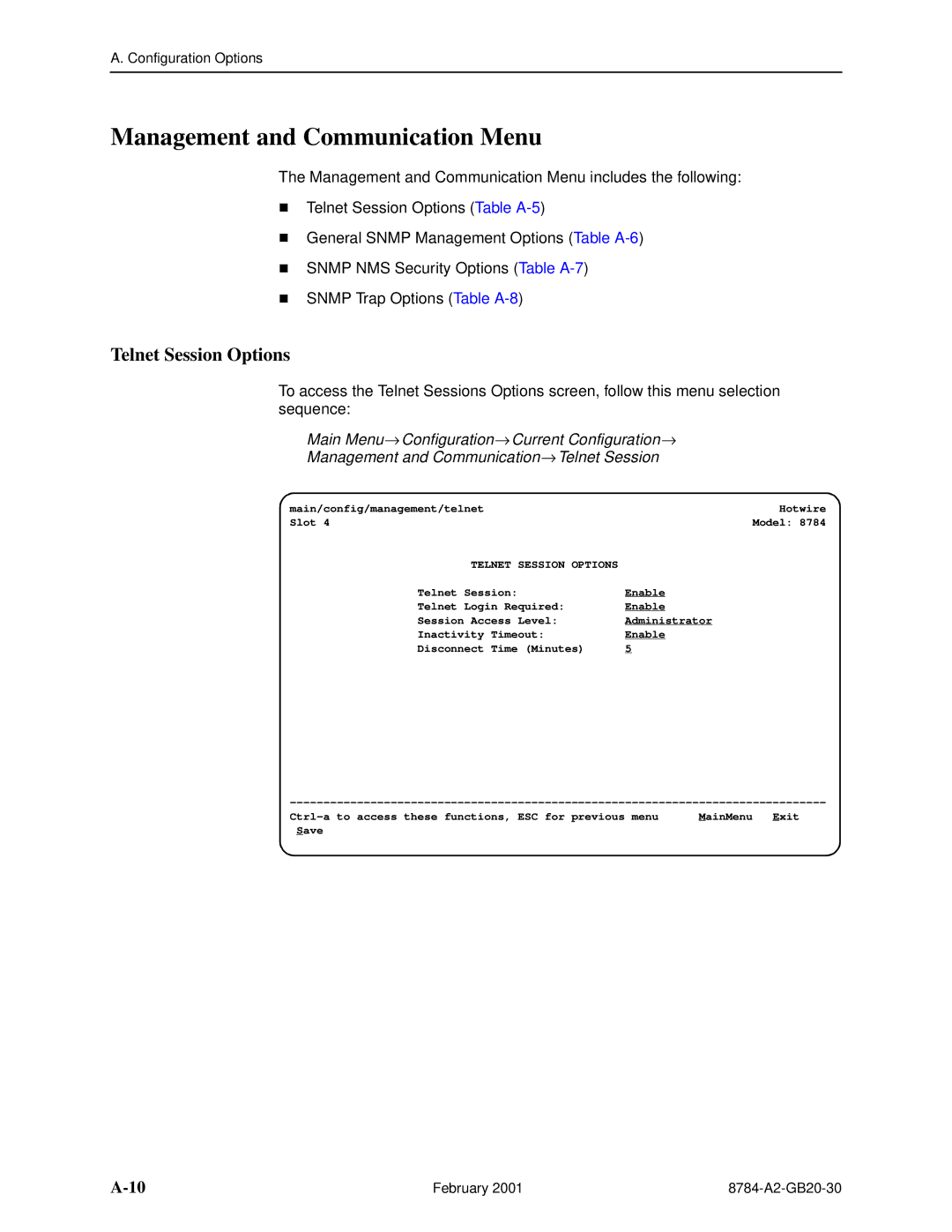 Paradyne 8784 manual Management and Communication Menu, Telnet Session Options 