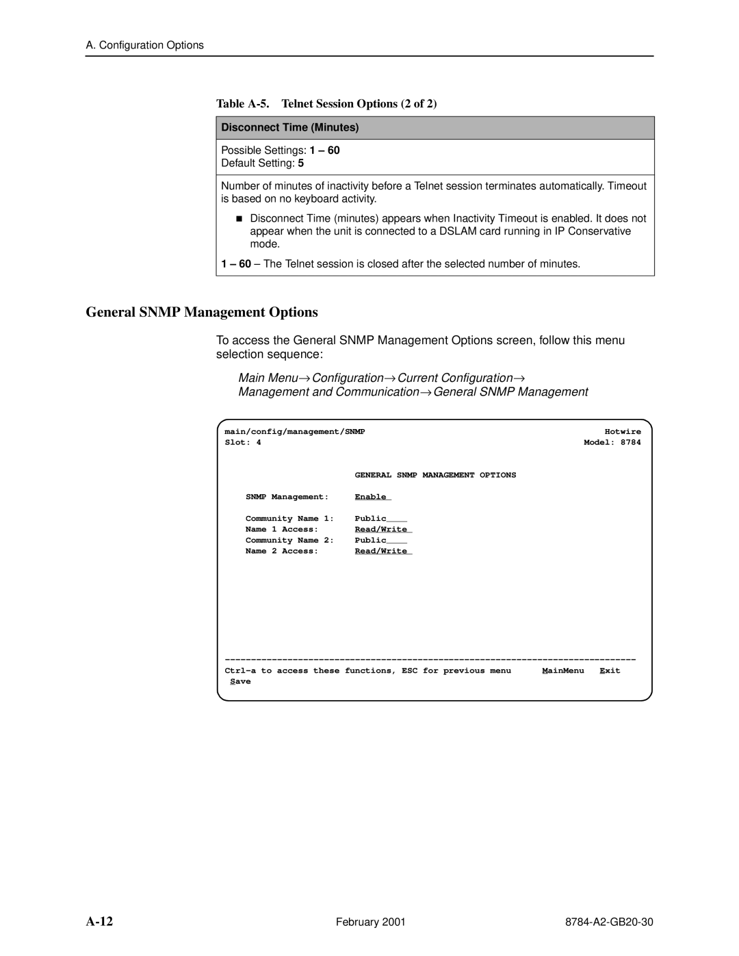 Paradyne 8784 manual General Snmp Management Options, Table A-5. Telnet Session Options 2, Disconnect Time Minutes 