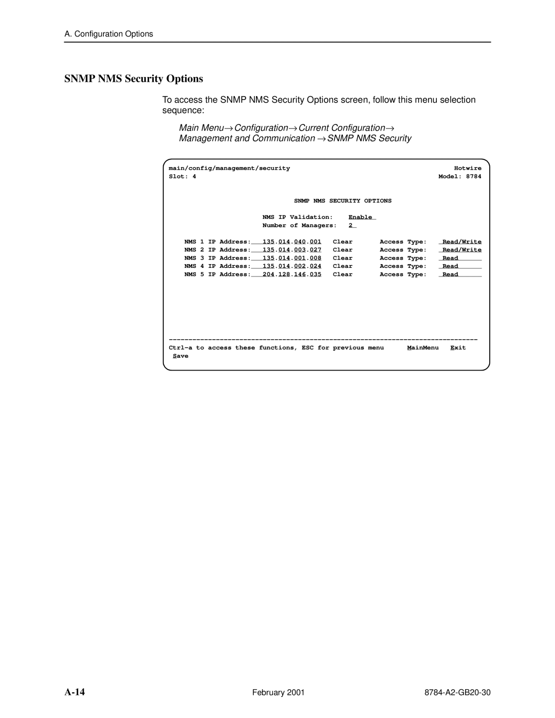 Paradyne 8784 manual Snmp NMS Security Options 