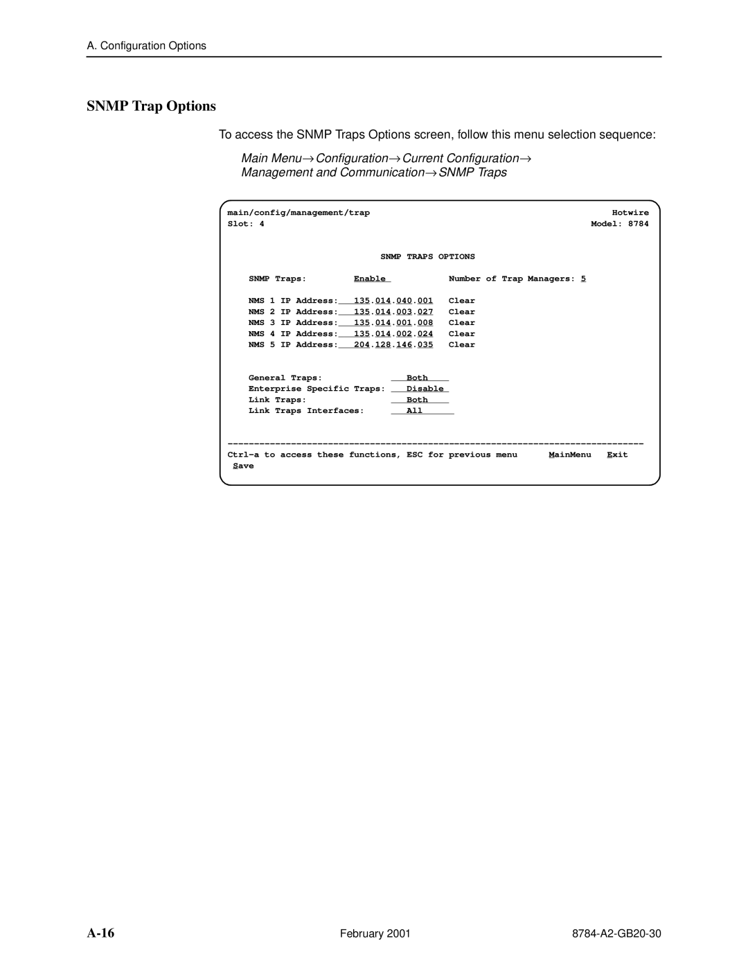 Paradyne 8784 manual Snmp Trap Options, Snmp Traps Options 