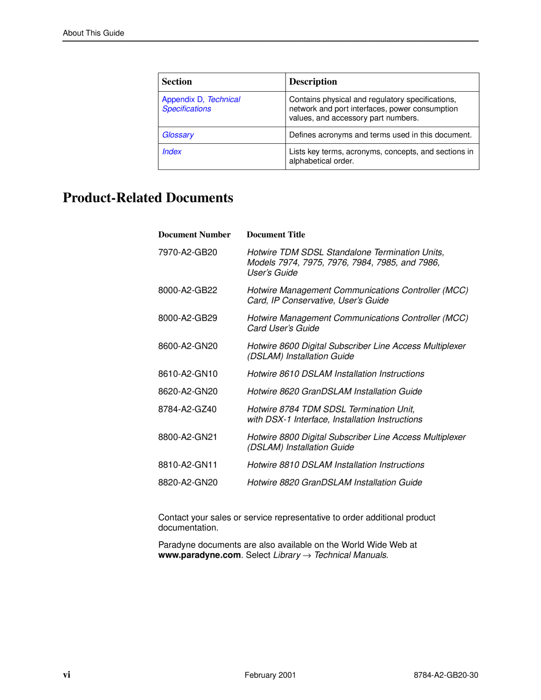 Paradyne 8784 Product-Related Documents, 8610-A2-GN10 Hotwire 8610 DSLAM Installation Instructions, Section, Description 