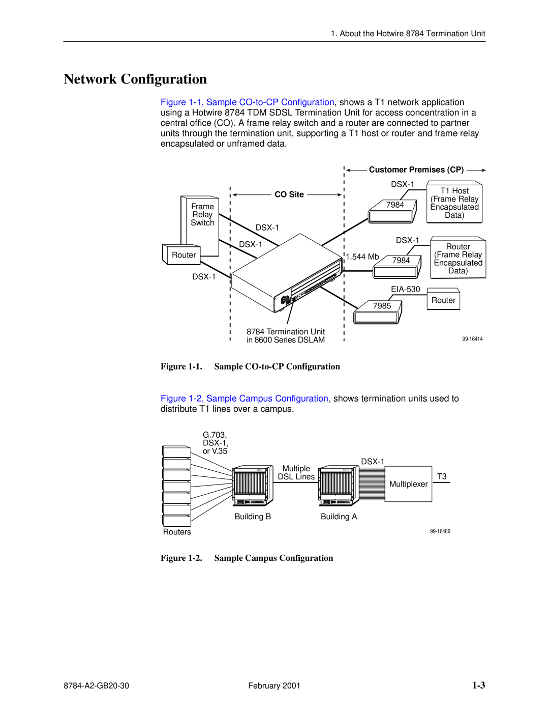 Paradyne 8784 manual Network Configuration, 1. Sample CO-to-CP Configuration, 2. Sample Campus Configuration 