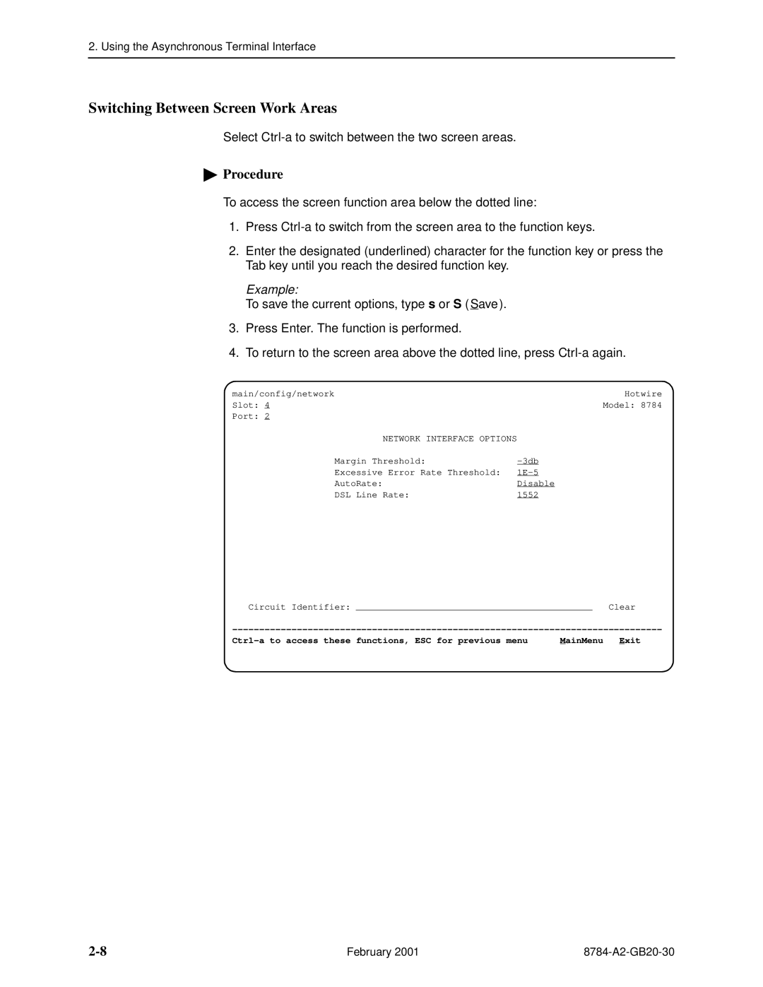 Paradyne 8784 manual Switching Between Screen Work Areas, Example, Procedure 