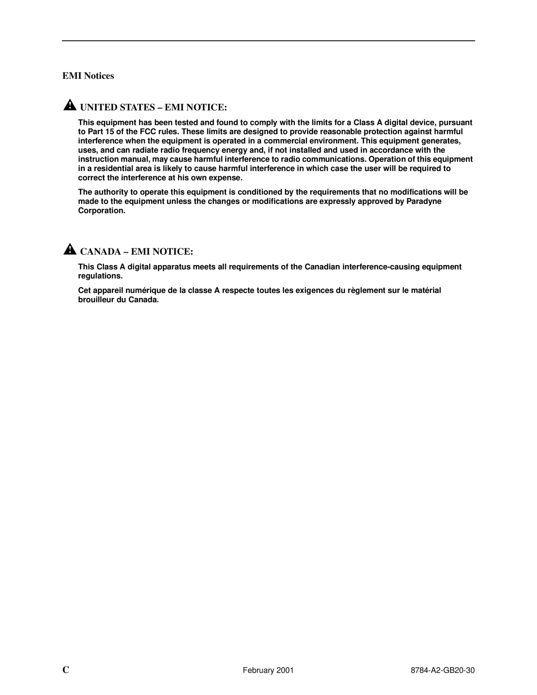 Paradyne 8784 manual EMI Notices UNITED STATES - EMI NOTICE, Canada - Emi Notice 