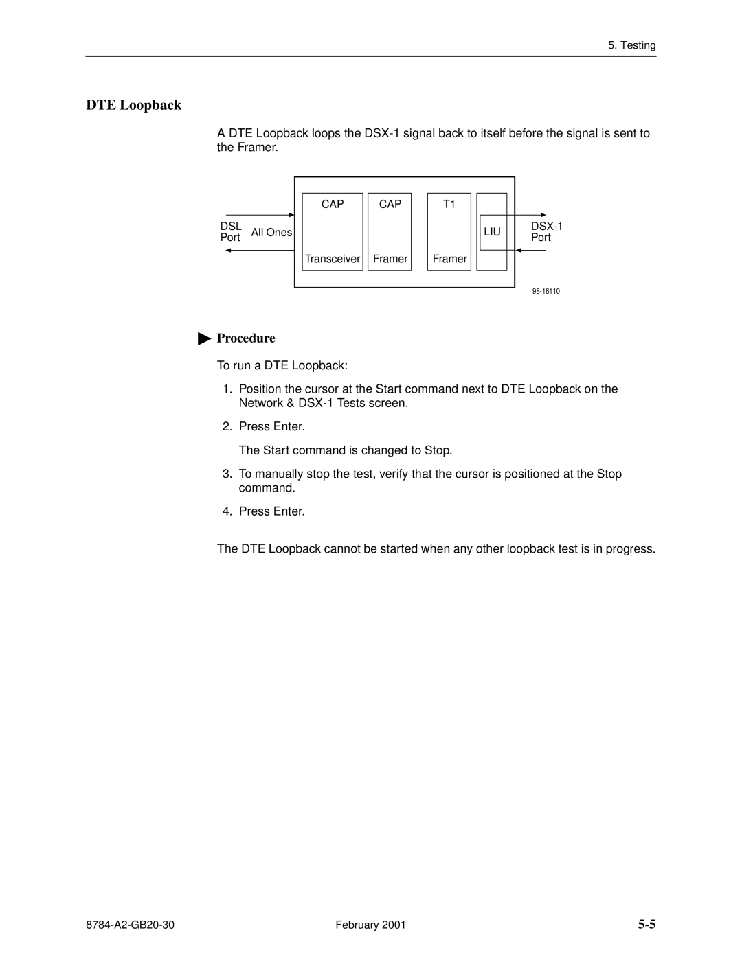 Paradyne 8784 manual DTE Loopback, Procedure 