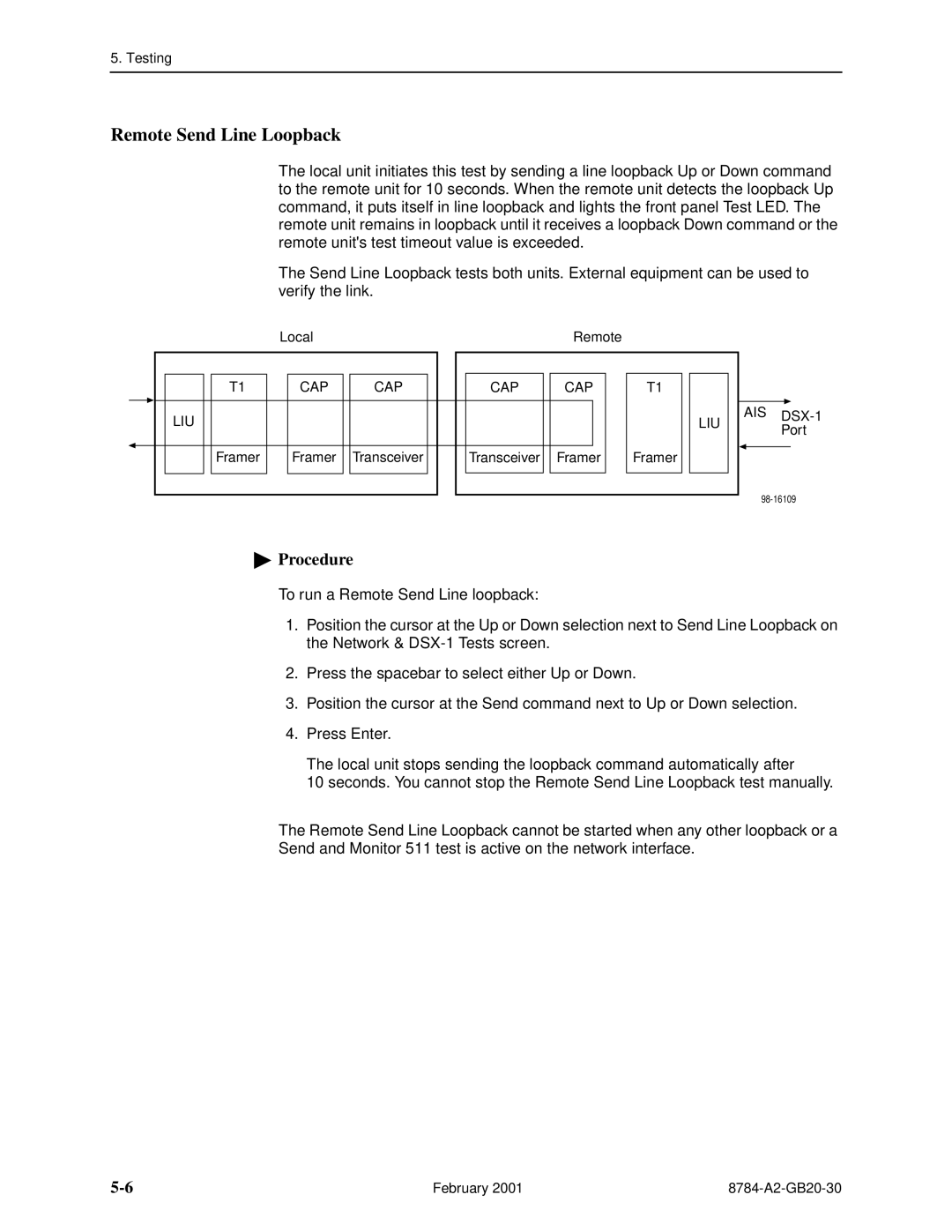 Paradyne 8784 manual Remote Send Line Loopback, Procedure 
