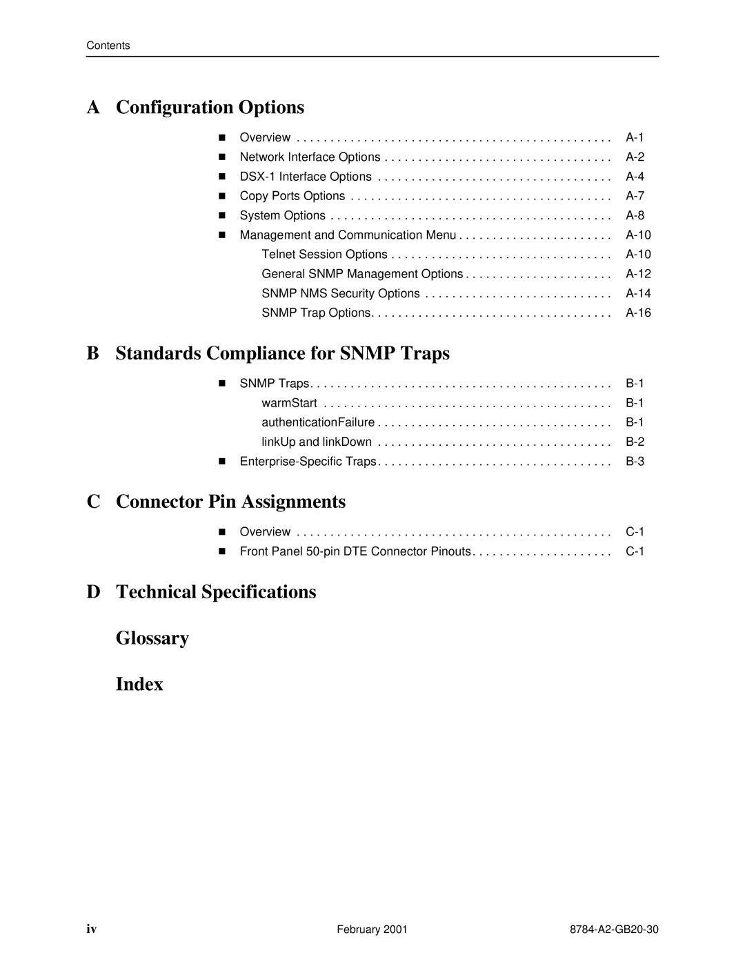 Paradyne 8784 manual A Configuration Options, B Standards ComplianceT for SNMP Traps, C Connector Pin Assignments 