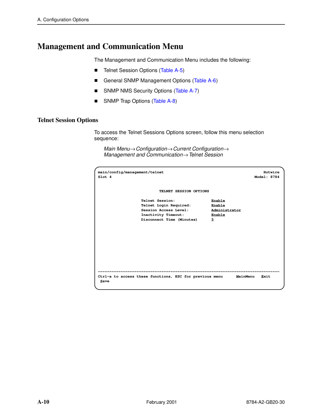 Paradyne 8784 manual Management and Communication Menu, Telnet Session Options, A-10 