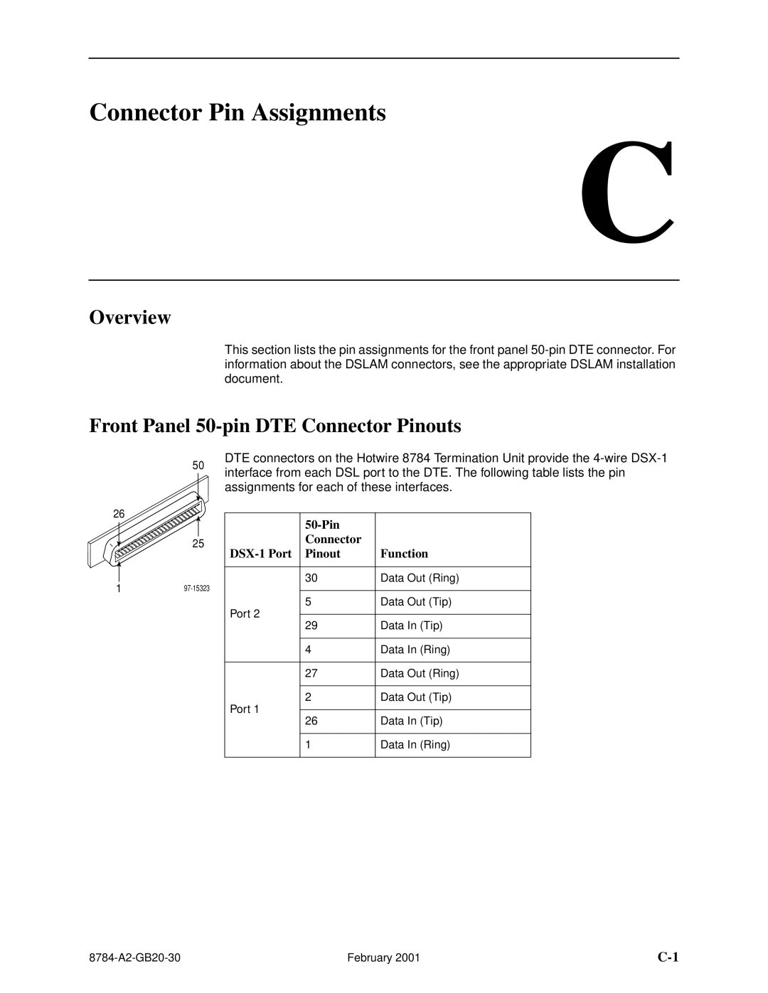 Paradyne 8784 manual Connector Pin Assignments, Front Panel 50-pin DTE Connector Pinouts, Overview 