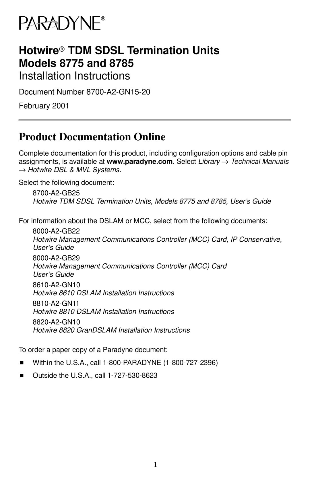 Paradyne 8785 installation instructions Hotwirer TDM Sdsl Termination Units Models 8775, Product Documentation Online 