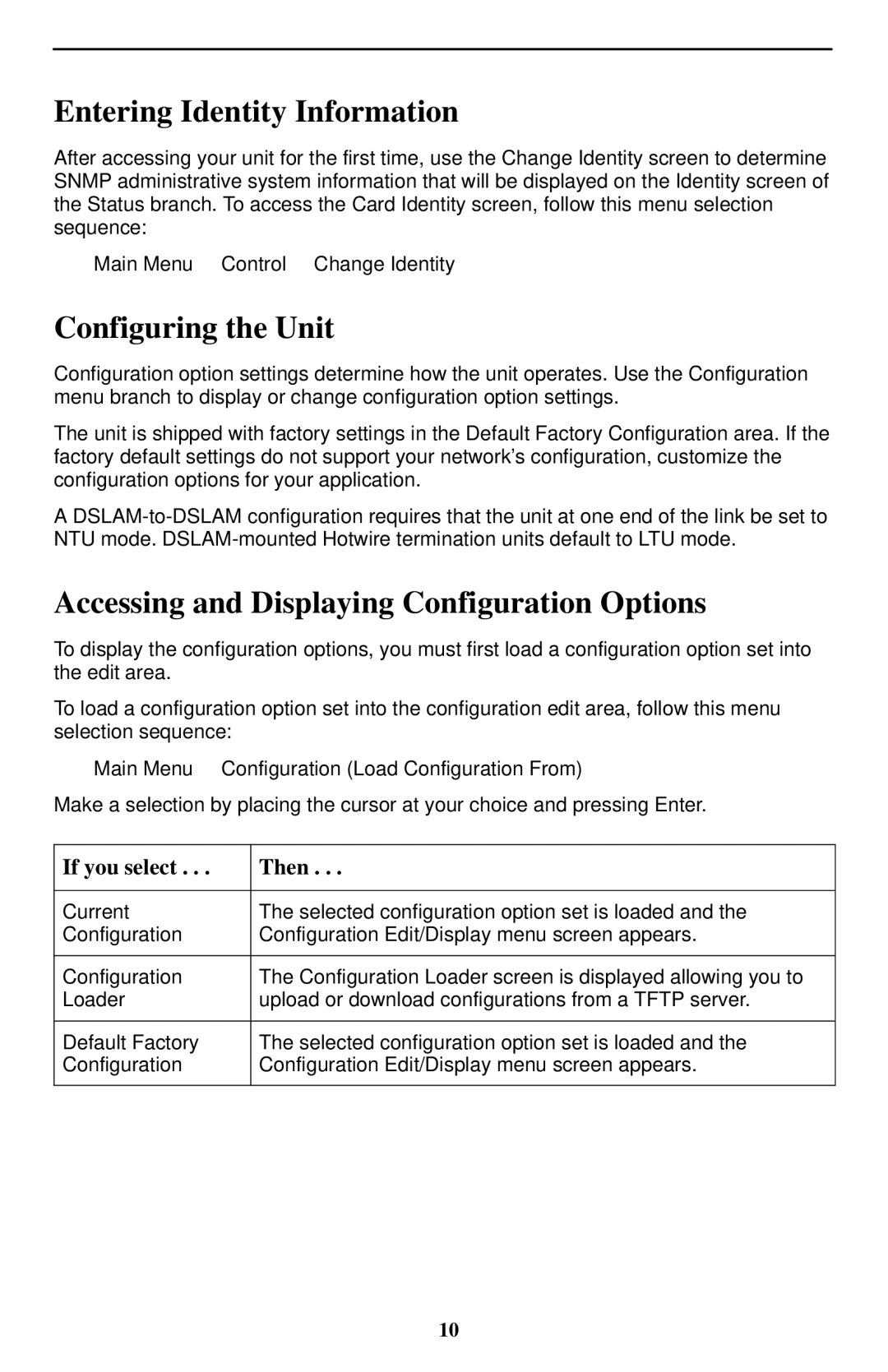 Paradyne 8785 Entering Identity Information, Configuring the Unit, Accessing and Displaying Configuration Options 