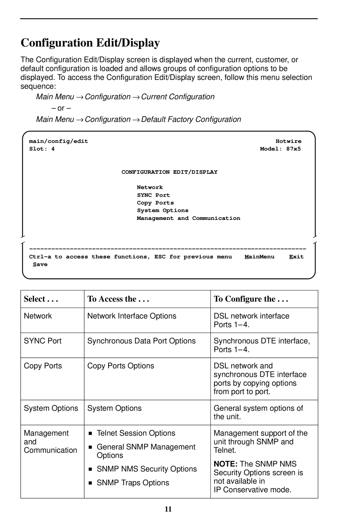 Paradyne 8785 installation instructions Configuration Edit/Display, Select To Access To Configure 