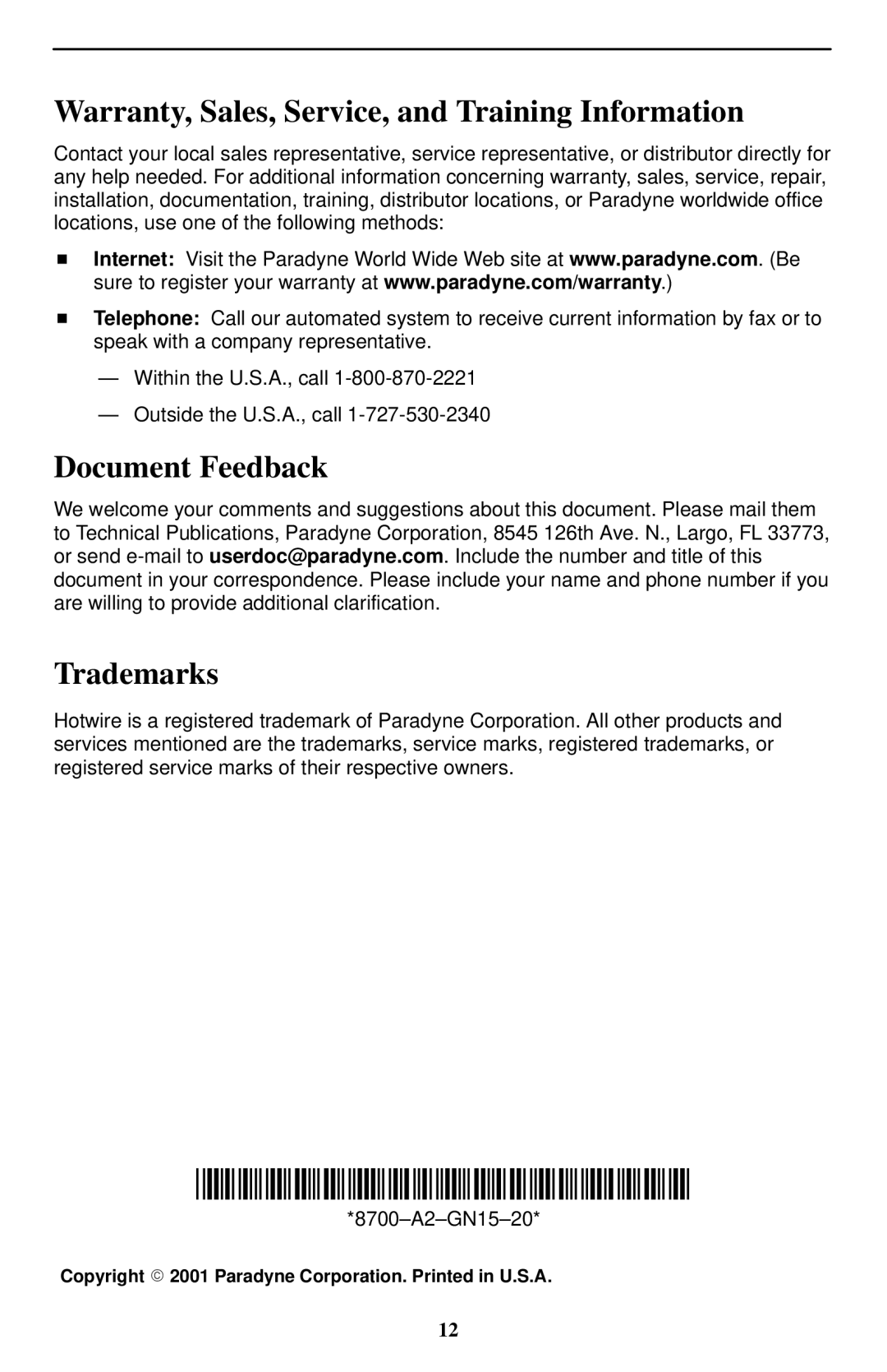 Paradyne 8785 installation instructions Warranty, Sales, Service, and Training Information, Document Feedback, Trademarks 