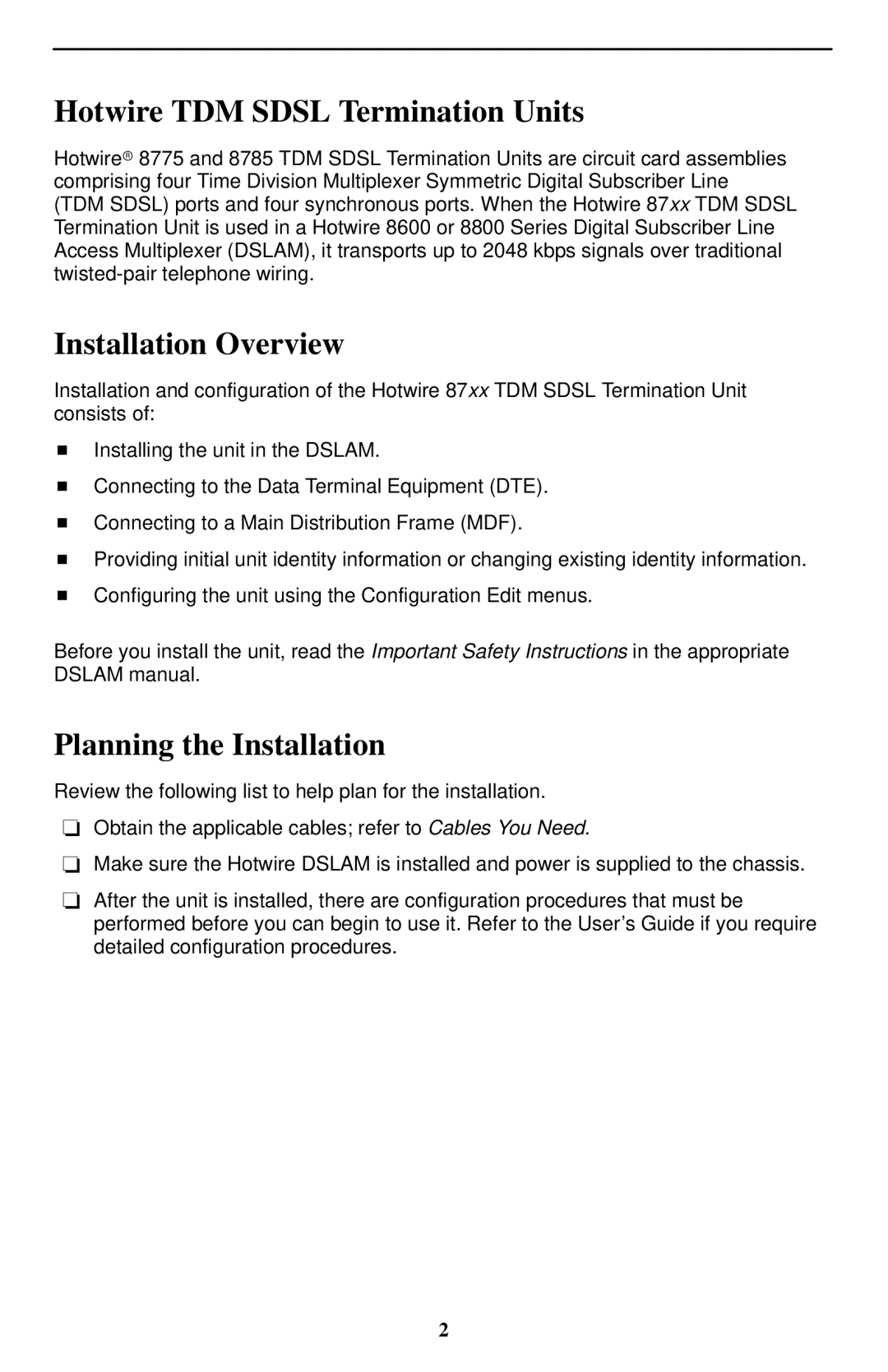 Paradyne 8785 Hotwire TDM Sdsl Termination Units, Installation Overview, Planning the Installation 