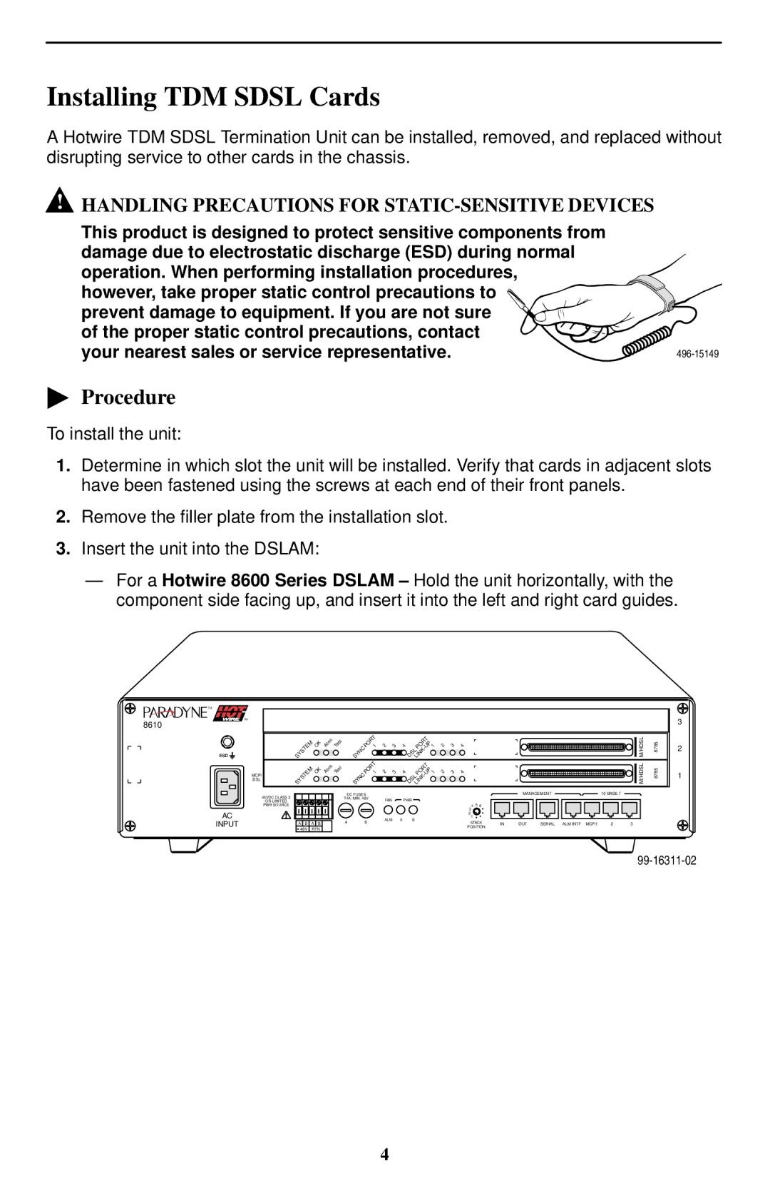 Paradyne 8785 installation instructions Installing TDM Sdsl Cards, Handling Precautions for STATIC-SENSITIVE Devices 