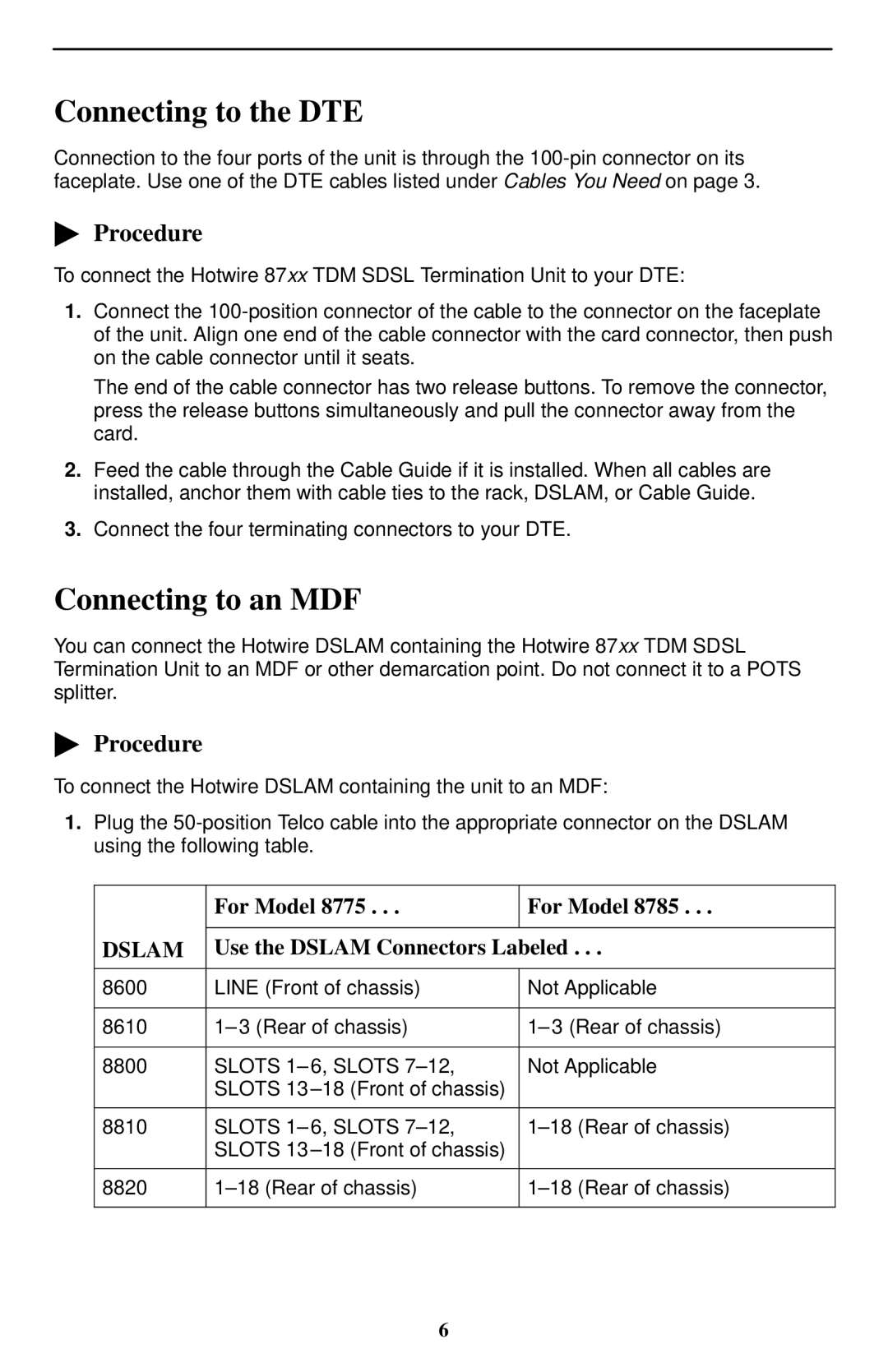 Paradyne 8785 Connecting to the DTE, Connecting to an MDF, For Model, Use the Dslam Connectors Labeled 