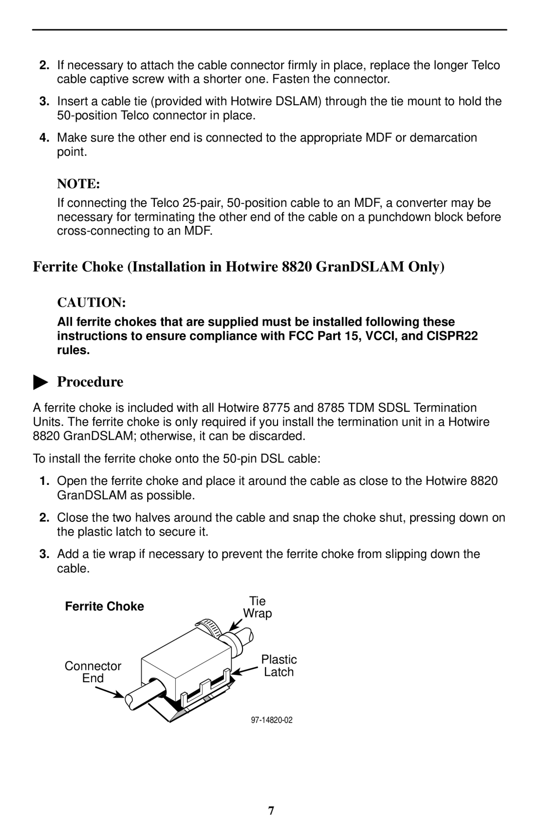 Paradyne 8785 installation instructions Ferrite Choke Installation in Hotwire 8820 GranDSLAM Only 